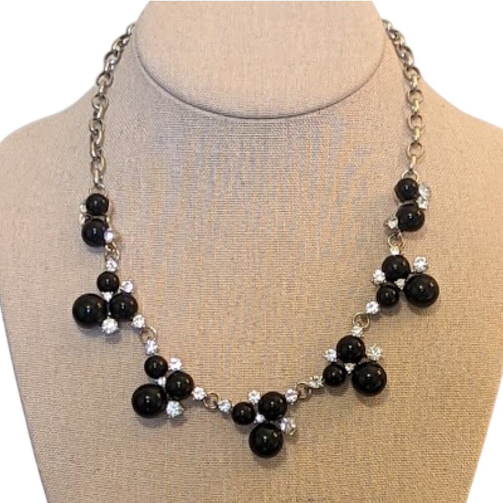 Silver Tone Rolo Chain Three Black Bead & Rhinestone Station Statement Necklace